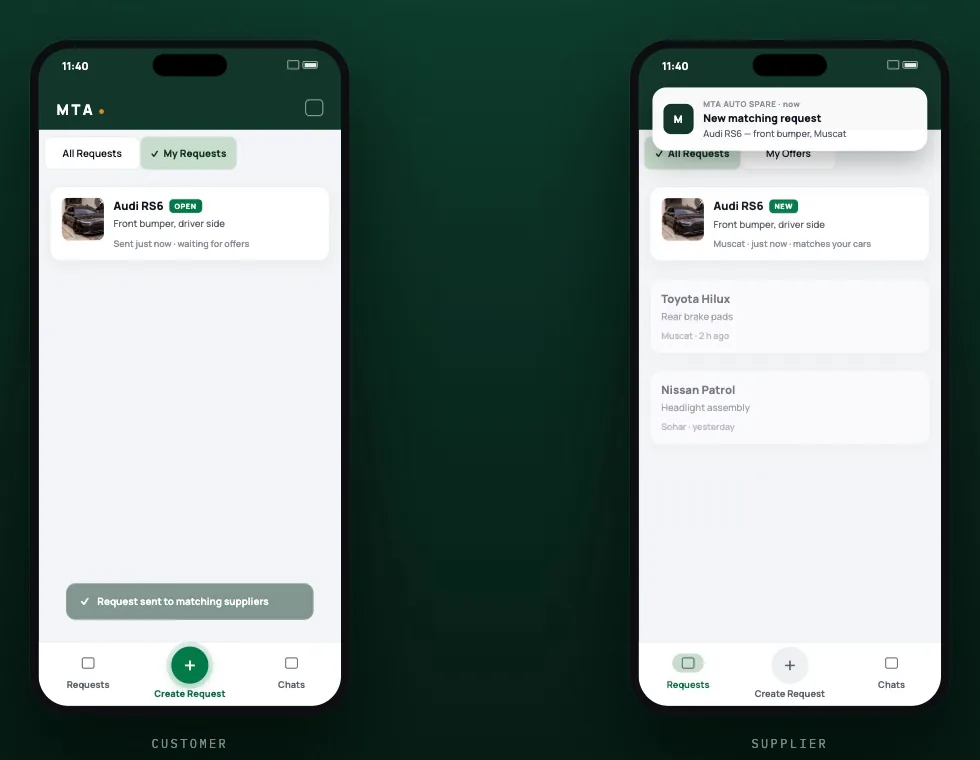 MTA app: the customer's sent request next to a supplier receiving a new matching request notification